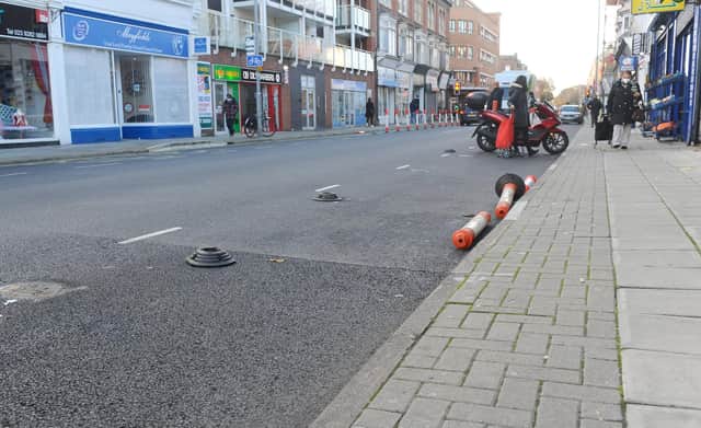 The new temporary cycle lane on Elm Grove, Southsea, has been damaged within a week as well as sparking a petition from residents calling for its removal.

Picture: Sarah Standing (051120-7887)