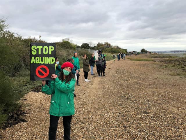 Protesters make their voices heard over the plans for Aquind to run interconnector cables through Portsmouth in October 2020. Picture: Richard Lemmer