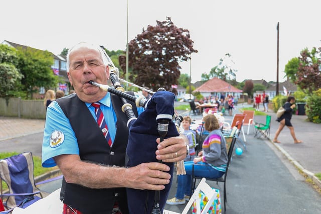 Bagpiper Phil Garrod at Fairmead Walk, Cowplain on Saturday afternoon.