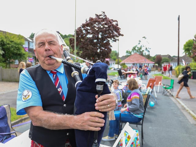 Bagpiper Phil Garrod at Fairmead Walk, Cowplain on Saturday afternoon.