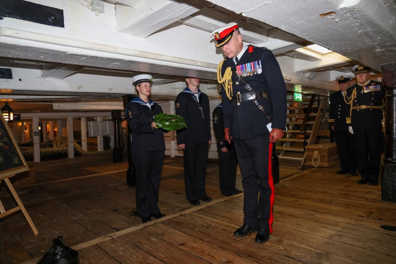 Pictured: Brigadier Neil Sutherland Deputy Commandant General Royal Marines and Chief of staff Royal Navy at the Trafalgar Day ceremony on HMS Victory.