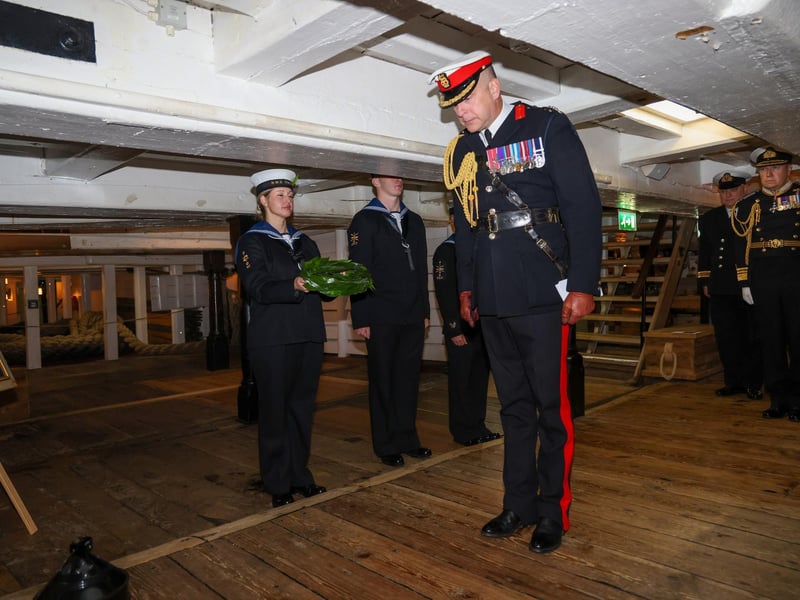 Pictured: Brigadier Neil Sutherland Deputy Commandant General Royal Marines and Chief of staff Royal Navy at the Trafalgar Day ceremony on HMS Victory.