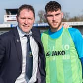 Flashback to April 2018 and Hawks manager Lee Bradbury is pictured with son Harvey, who was on loan at St Albans at the time.  Picture: Vernon Nash