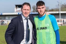Flashback to April 2018 and Hawks manager Lee Bradbury is pictured with son Harvey, who was on loan at St Albans at the time.  Picture: Vernon Nash