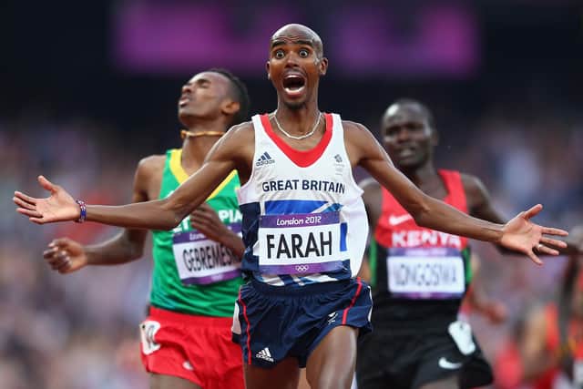 Mo Farah wins the 5000m final at the London 2012 Olympics. Photo by Michael Steele/Getty Images.