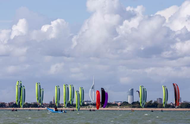 The Formula Kite European Championships start in Portsmouth, Southsea on Thursday 21st September 2023

Pictured: Competitors on the fith wave of the race going past Spinnaker Tower
Picture: Habibur Rahman