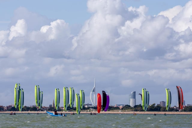The Formula Kite European Championships start in Portsmouth, Southsea on Thursday 21st September 2023
Pictured: Competitors on the fith wave of the race going past Spinnaker Tower
Picture: Habibur Rahman