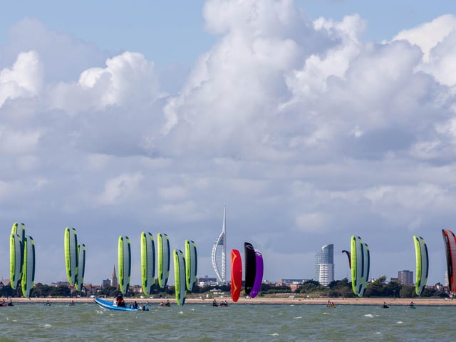 The Formula Kite European Championships start in Portsmouth, Southsea on Thursday 21st September 2023Pictured: Competitors on the fith wave of the race going past Spinnaker TowerPicture: Habibur Rahman