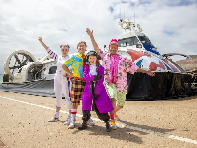 Pictured - Casper Horn, 16 (SpongeBob), Stanley Pearl (Patrick), Ella Burgos, 17 (Sandy)  and Jemima Rees, 14 (Patchy the Pirate) pay a visit to the hovercraftPhotos by Alex Shute