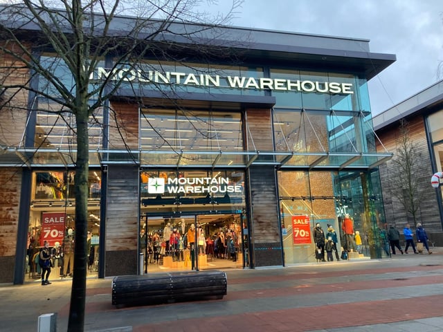 Mountain Warehouse has a Google review rating of 4.1 stars from 225 reviews. One customer said: "Friendly service, good quality clothing at reasonable price".