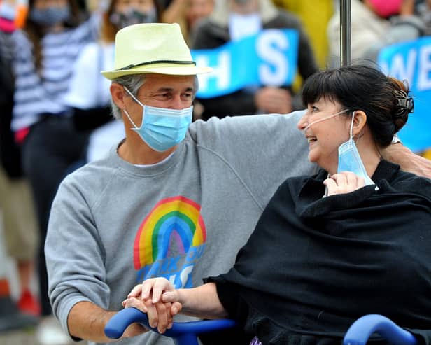 Coronavirus patient, Donna Morgan, who was in a coma for weeks is discharged from St Richard's Hospital Chichester. Picture Steve Robards