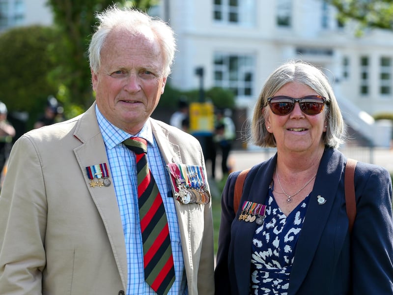 Col Andy Taylor and his wife Penny Taylor. Col Taylor's father, Jack Taylor, was an AB aboard HMS Vivien during D-day. Mrs Taylor was a midwife in QARANC, and her father, Bill Parker, was an RSM in the 4th Royal Tank Regiment on D-Day. Picture: Chris  Moorhouse (050624-019)