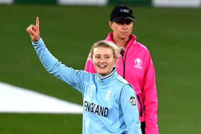 Charlie Dean celebrates the wicket of South Africa's Lara Goodall during the 2022 Women's Cricket World Cup semi-final. Photo by Sanka Vidanagama / AFP.