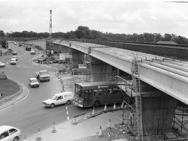 Work on the Quay Street roundabout flyover at Fareham, looking north in August 1985. The News PP989