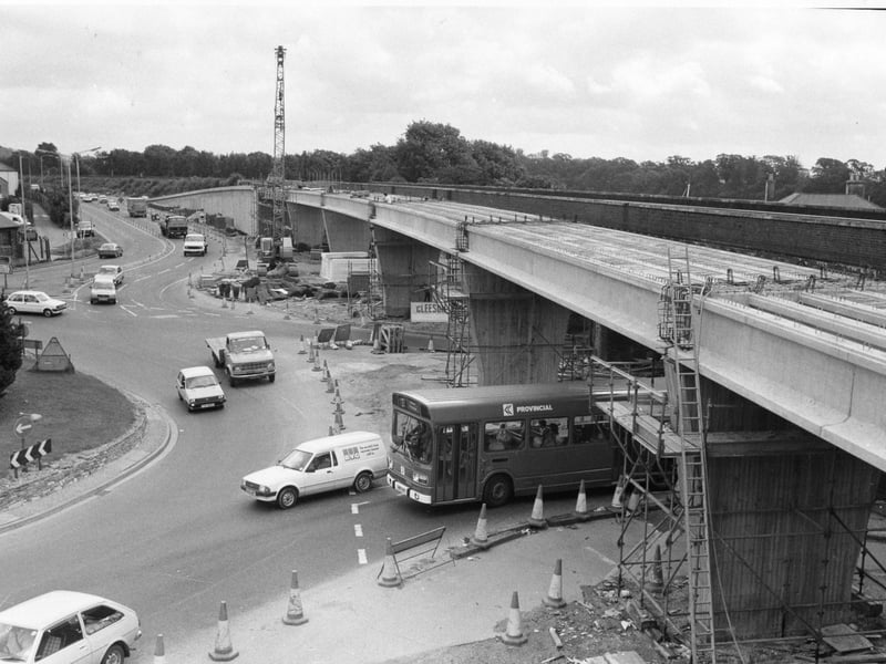 Work on the Quay Street roundabout flyover at Fareham, looking north in August 1985. The News PP989