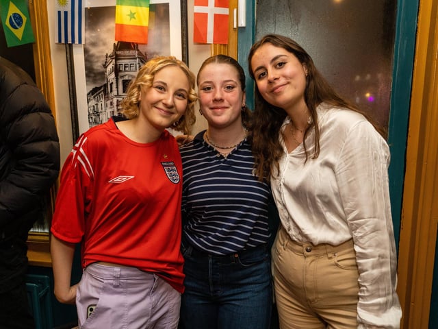Devon Summerfield, Amelie Ayres, Justine Lamare before kick off at the Leopold Tavern in Southsea. Picture: Matthew Clark