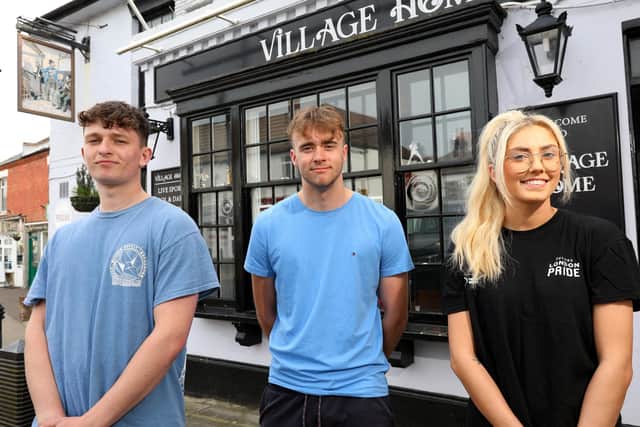 From left, Ethan Hope, James Webb and Holly Gladding who will be fundraising at the Village Home pub, Alverstoke, on May 7th, to honour the memory of their friend Elin Martin. Elin was killed by a bus outside Gunwharf Quays in January. The funds will go to Lepra, the charity that inspired Elin to study medicine
Picture: Chris Moorhouse (jpns 200422-59)