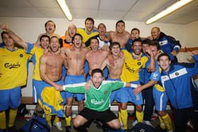 Hawks celebrate after their 3-0 FA Cup win at higher division Crawley in 2008/09. Picture: Dave Haines