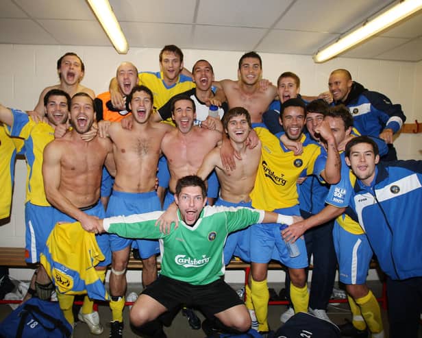 Hawks celebrate after their 3-0 FA Cup win at higher division Crawley in 2008/09. Picture: Dave Haines