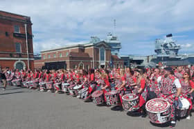 Batala Portsmouth hosted an international encontro of 280 drummers from 14 different countries from August 22-27 2023, seen here at The Historic Dockyards.