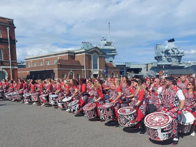 Batala Portsmouth hosted an international encontro of 280 drummers from 14 different countries from August 22-27 2023, seen here at The Historic Dockyards.