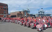 Batala Portsmouth hosted an international encontro of 280 drummers from 14 different countries from August 22-27 2023, seen here at The Historic Dockyards.
