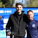 Club captain Charlie Oakwell who broke his leg in two places a fortnight ago at Baffins Milton Rovers FC with his manager Danny Thompson, right. The gate receipts from Saturday's game with Sherborne were donated to him to support his family
Picture: Chris Moorhouse (jpns 141023-191)