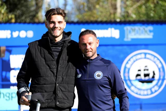 Club captain Charlie Oakwell who broke his leg in two places a fortnight ago at Baffins Milton Rovers FC with his manager Danny Thompson, right. The gate receipts from Saturday's game with Sherborne were donated to him to support his family
Picture: Chris Moorhouse (jpns 141023-191)