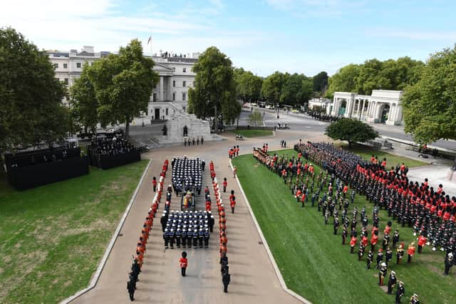 Royal Navy sailors escort the coffin of Queen Elizabeth II. Photo by Daniel Leal - WPA Pool/Getty Images