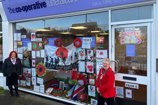Widley Co-operative Funeralcare's Remembrance Day display with cllr Rosy Raines.