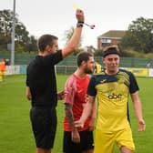 Moneyfields defender Tom Cain is booked in the recent win at Fareham, earning him a one-game suspension. Picture: Keith Woodland