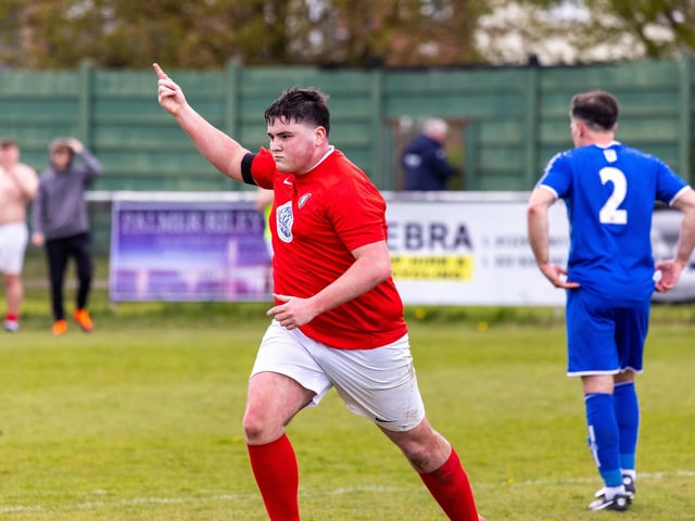 Gosport Town celebrate after scoring during their 4-0 victory over Lee Rangers in the Portsmouth & District FA Trophy final at Cams Alders. Picture: Alex Shute