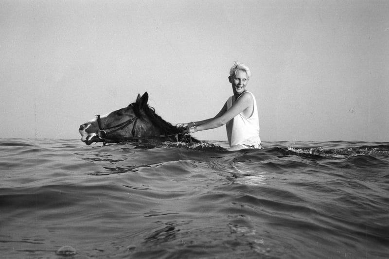 Kerry Wilson on George the horse swimming off Hayling beach during a heatwave in August 1990. The News PP596