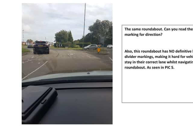 An extract from Simon's document, highlighting poor road markings on the Brockhurst roundabout.