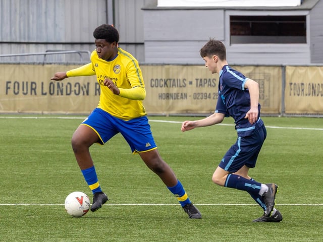 Action from the Under-16 Arthur Hughes Challenge Cup final between Meon Milton Awfords (yellow shirts) and Pickwick Youth Panthers. Picture: Mike Cooter