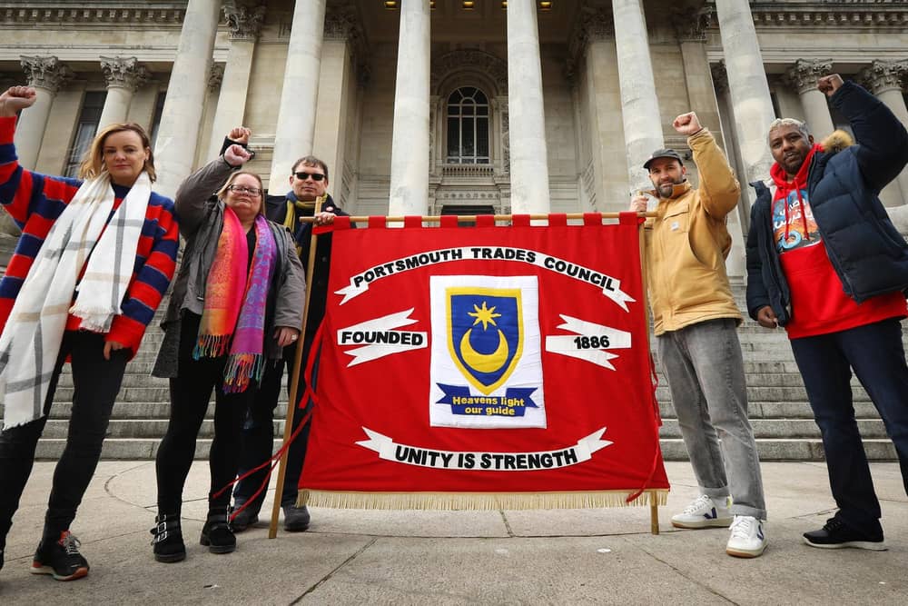 From left, Anna Lilley, Michelle Lincoln, chair of Portsmouth Trades council Jon Woods, Mark Sage and Khalid Sidahmed at a cost of living protest organised by Portsmouth Trades Council, at the Guildhall, Portsmouth. Picture: Chris Moorhouse (jpns 020422-38)