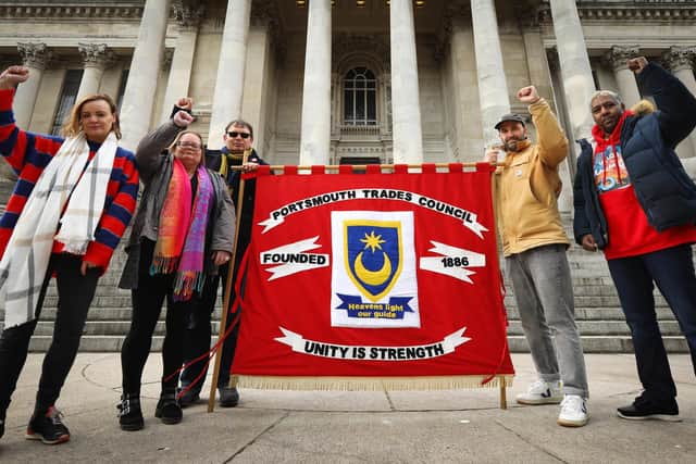 From left, Anna Lilley, Michelle Lincoln, chair of Portsmouth Trades council Jon Woods, Mark Sage and Khalid Sidahmed at a cost of living protest organised by Portsmouth Trades Council, at the Guildhall, Portsmouth. Picture: Chris Moorhouse (jpns 020422-38)