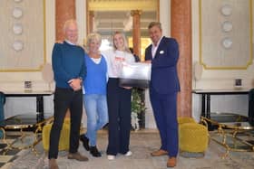 The defibrillator presentation with Alan, Sally and Lara Hardwick plus Paul Playford from the Queens Hotel