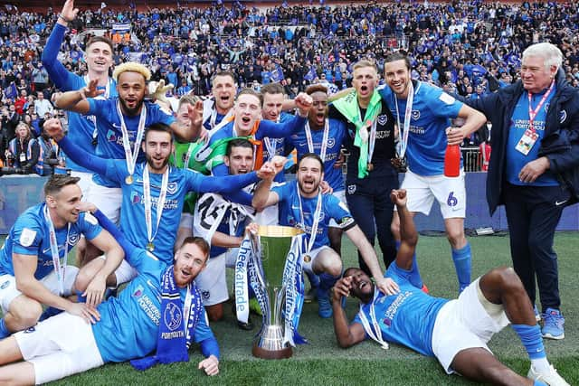 Pompey celebrate their Checkatrade Trophy triumph. Picture: Joe Pepler