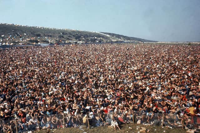 View of the audience at the Isle of Wight Festival in 1970, estimated at 600,000, East Afton Down, Isle of Wight, August 1970. Picture: Getty Images