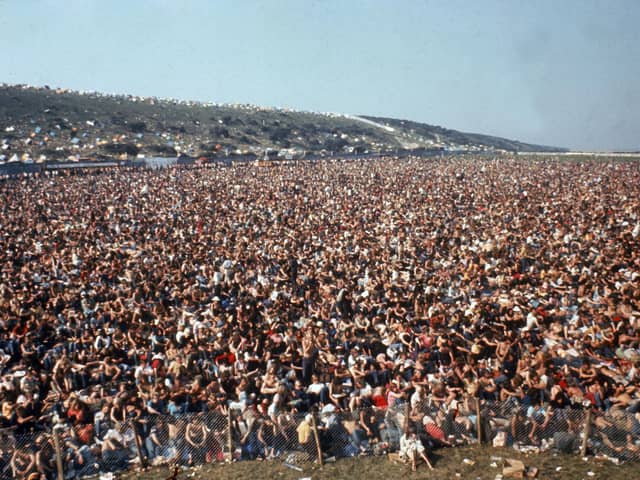 View of the audience at the Isle of Wight Festival in 1970, estimated at 600,000, East Afton Down, Isle of Wight, August 1970. Picture: Getty Images