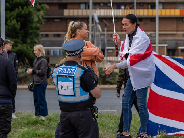 Anti-immigration protest formed near the UK Border Agency Building in Portsmouth. Picture: Mike Cooter (070824)