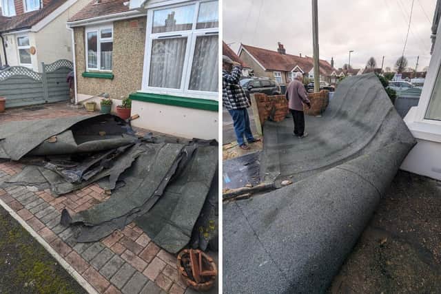 A felt roof was blown from a house in Newport Road, Gosport, and into a neighbouring garden. Picture: Daniel Papa.