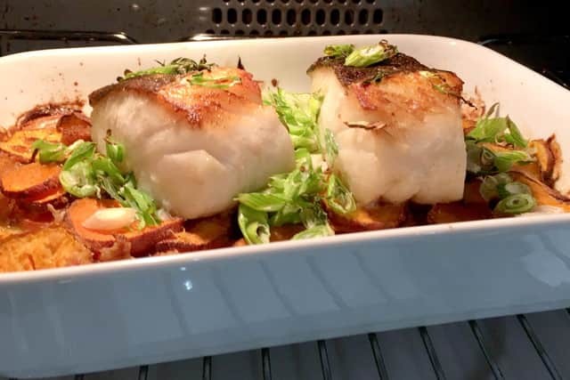 Roast cod, sweet potato and horseradish by Lawrence Murphy.