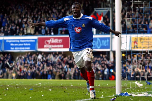 Yakubu celebrating another Pompey goal - he totalled 43 in 92 appearances during his time at Fratton Park. Picture: Mike Egerton