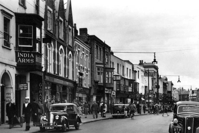 A marvellous view along High Street, Gosport, with the India Arms on the left. Picture: Mick Cooper collection.
