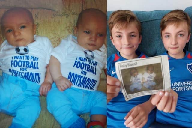 Twins, Rueben (left) and Stanley (right) recreate a photo from when they appeared in The News nine years ago. 
Picture: Tanya Deacon