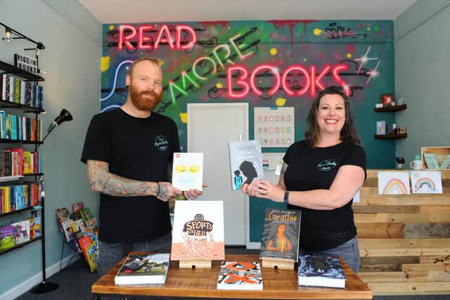 Mel and Phil Davies opened their book shop Pigeon Books in Albert Road, on Monday, June 15 in 2020. Picture: Sarah Standing (230620-483)