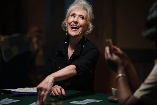 Cynthia (Anita Dobson) is laughing as she plays strip bridge in It's Never Too Late, the first episode in Channel 5's new Play for Today strand (Picture: Channel 5)
