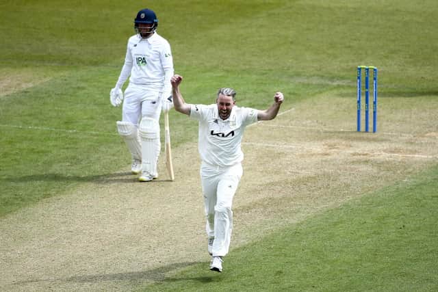 Rikki Clarke  celebrates dismissing Hampshire skipper James Vince. Photo by Jordan Mansfield/Getty Images for Surrey CCC.